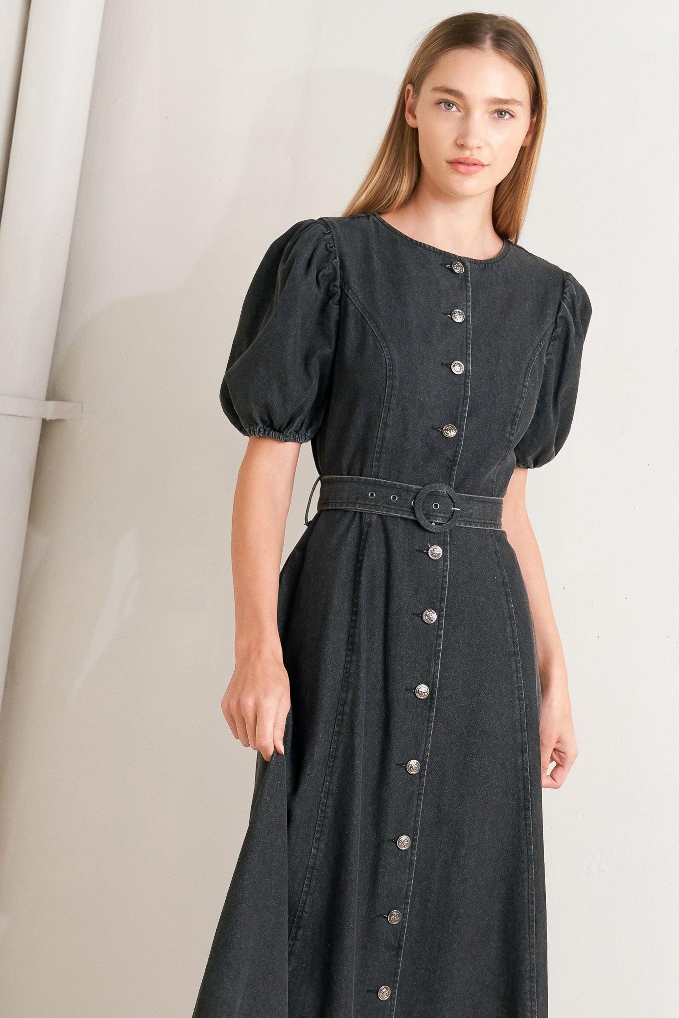 In My Mind Denim Midi Dress in black, view 7 — Soul Flow Apparel