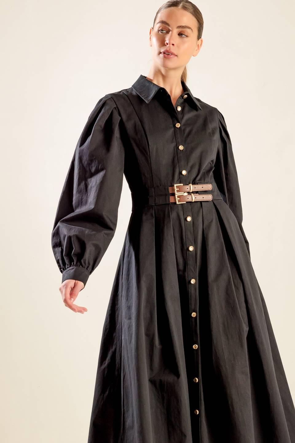 Midnight Masquerade Woven Midi Dress in black, view 3 — Soul Flow Apparel