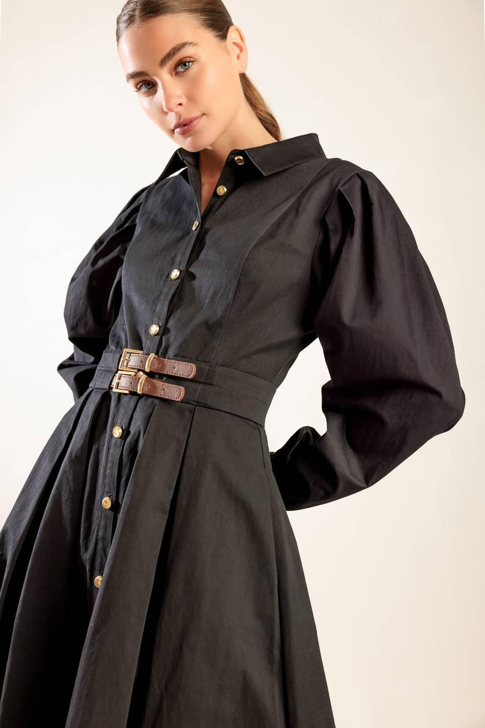 Midnight Masquerade Woven Midi Dress in black, view 4 — Soul Flow Apparel