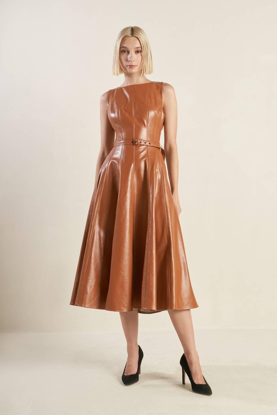 Lunar Symphony Faux Leather Midi Dress in camel, view 1 — Soul Flow Apparel