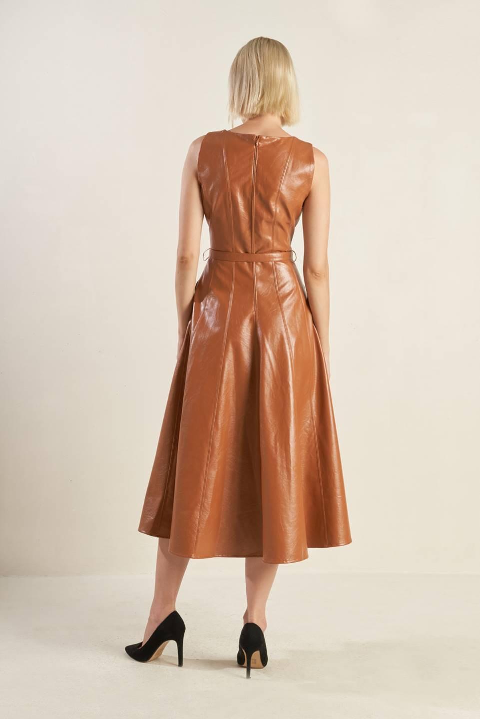 Lunar Symphony Faux Leather Midi Dress in camel, view 2 — Soul Flow Apparel