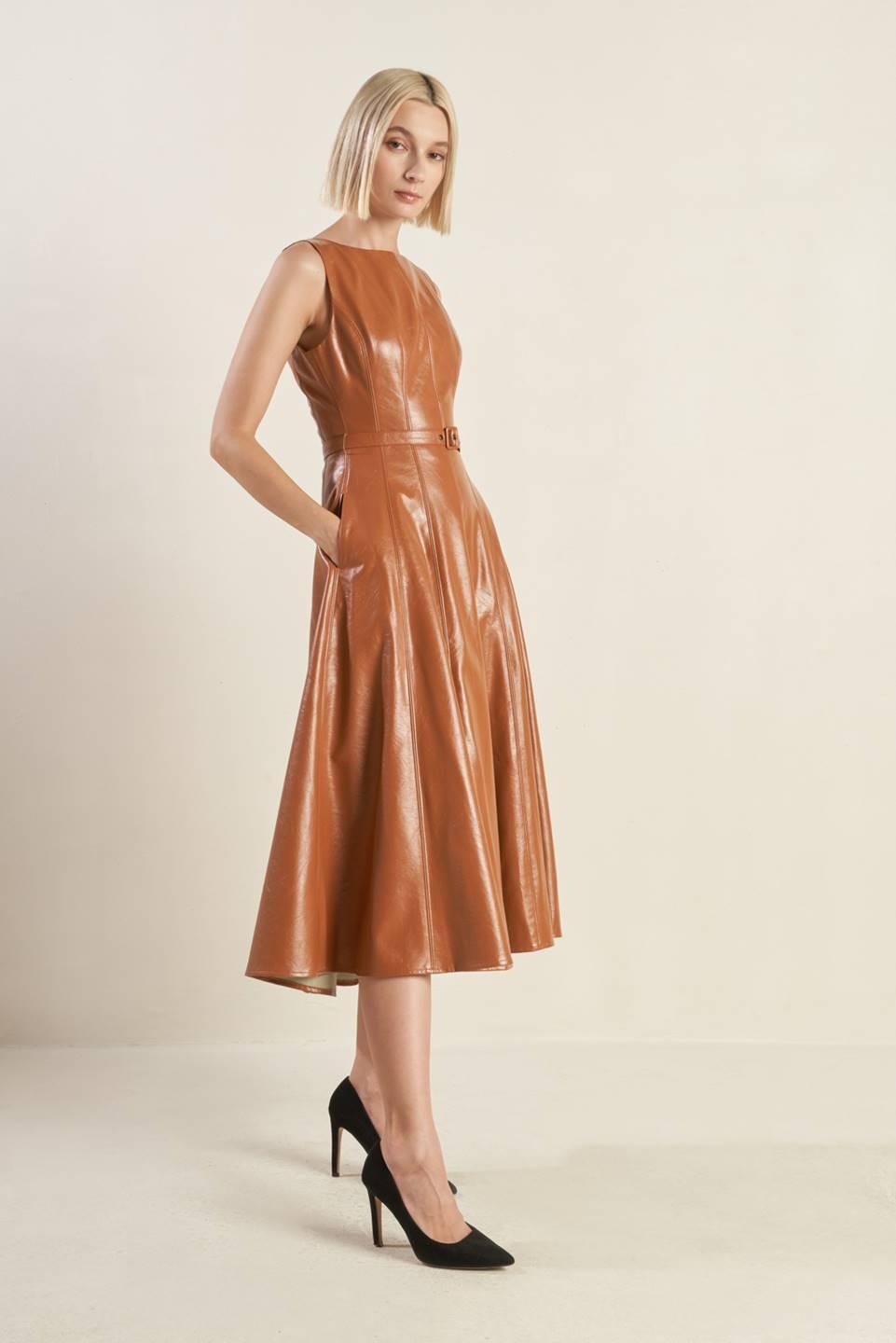 Lunar Symphony Faux Leather Midi Dress in camel, view 3 — Soul Flow Apparel