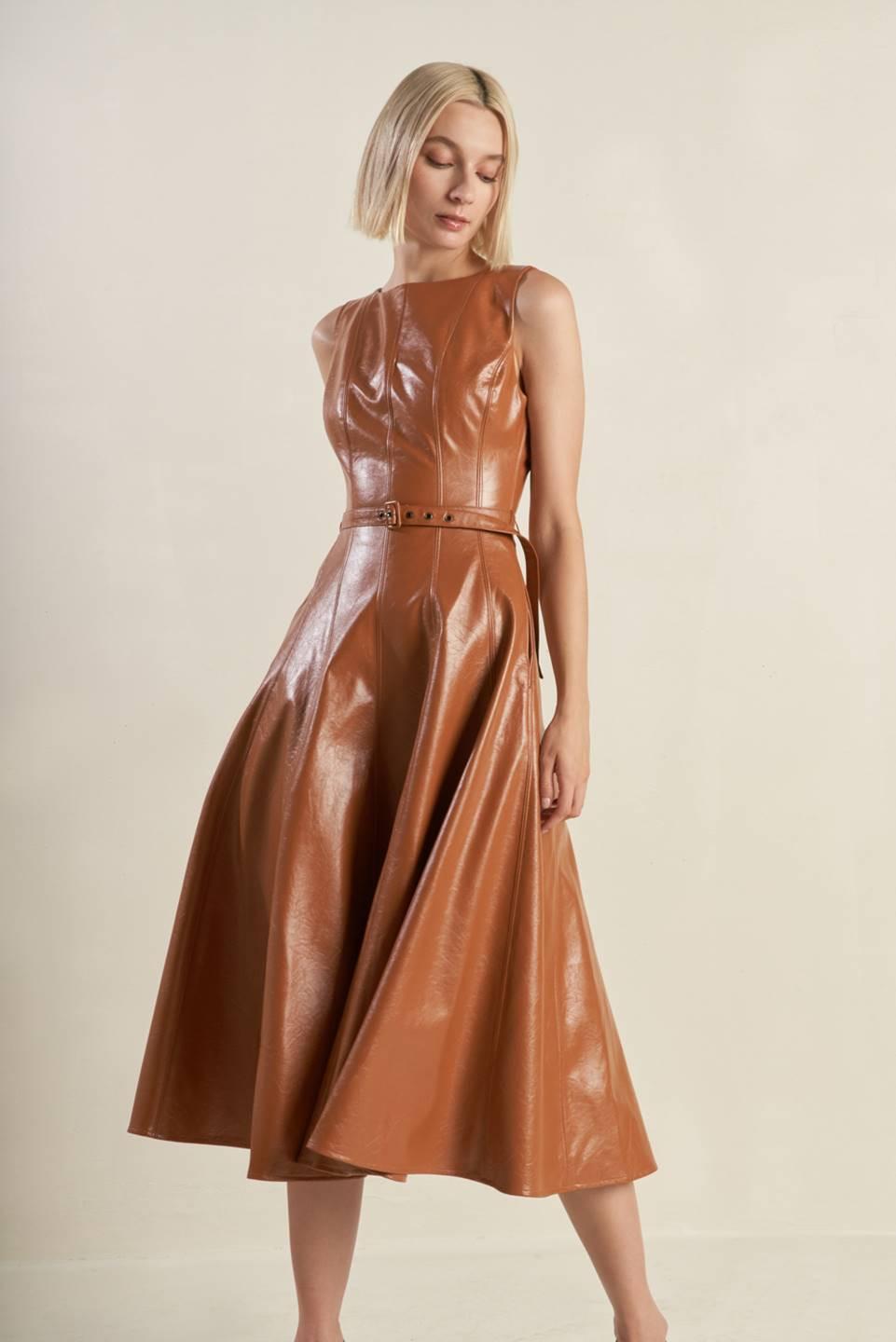 Lunar Symphony Faux Leather Midi Dress in camel, view 5 — Soul Flow Apparel