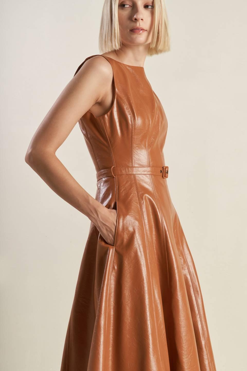 Lunar Symphony Faux Leather Midi Dress in camel, view 6 — Soul Flow Apparel