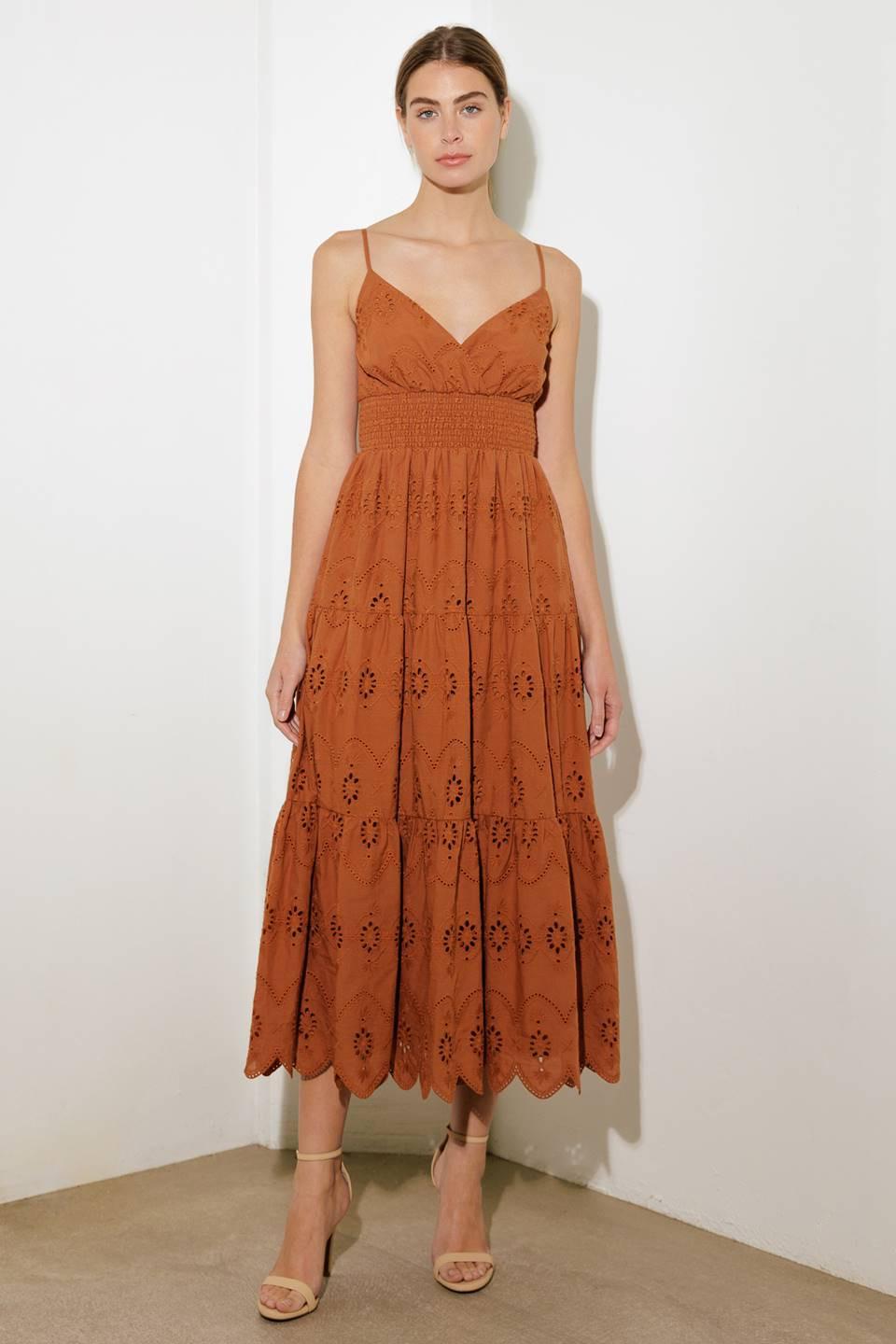 Luminous Bliss Woven Eyelet Midi Dress in brown, view 1 — Soul Flow Apparel