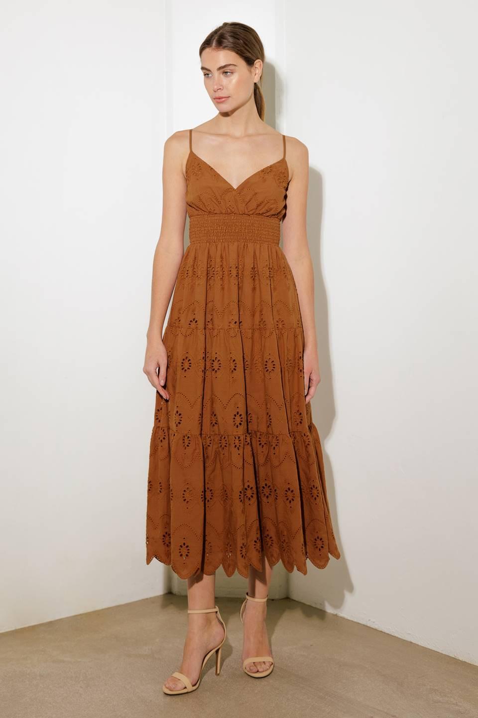 Luminous Bliss Woven Eyelet Midi Dress in brown, view 2 — Soul Flow Apparel