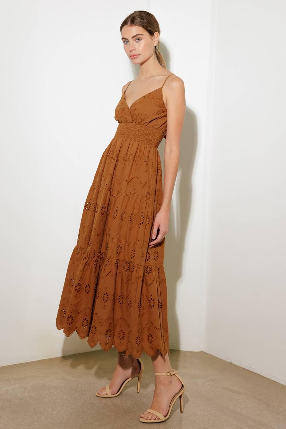 Luminous Bliss Woven Eyelet Midi Dress in brown, view 4 — Soul Flow Apparel