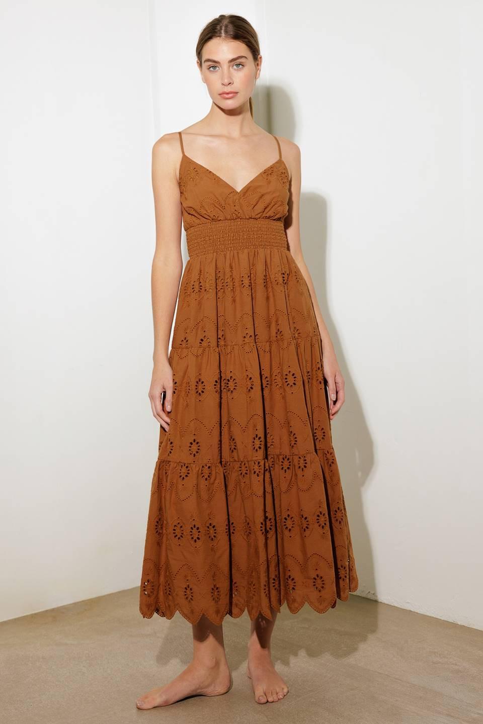 Luminous Bliss Woven Eyelet Midi Dress in brown, view 5 — Soul Flow Apparel