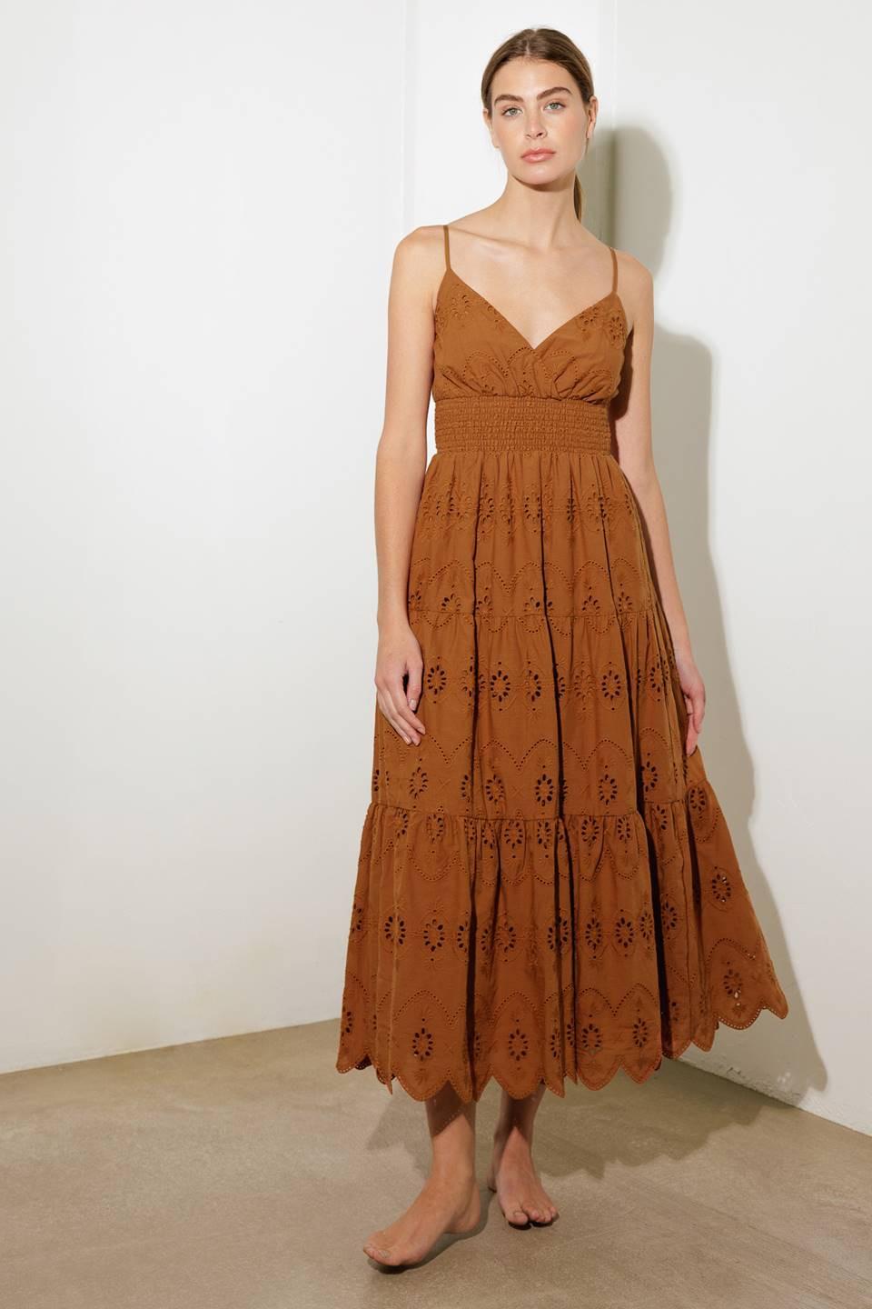 Luminous Bliss Woven Eyelet Midi Dress in brown, view 6 — Soul Flow Apparel