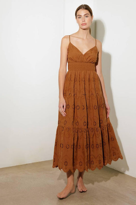 Luminous Bliss Woven Eyelet Midi Dress in brown, view 6 — Soul Flow Apparel