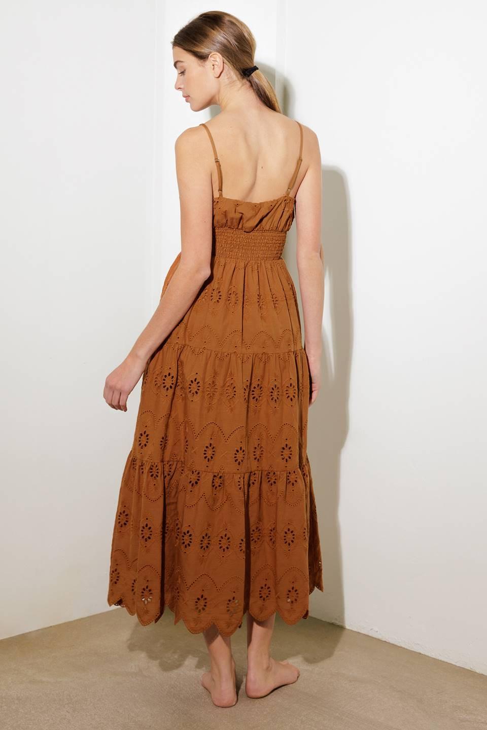 Luminous Bliss Woven Eyelet Midi Dress in brown, view 7 — Soul Flow Apparel