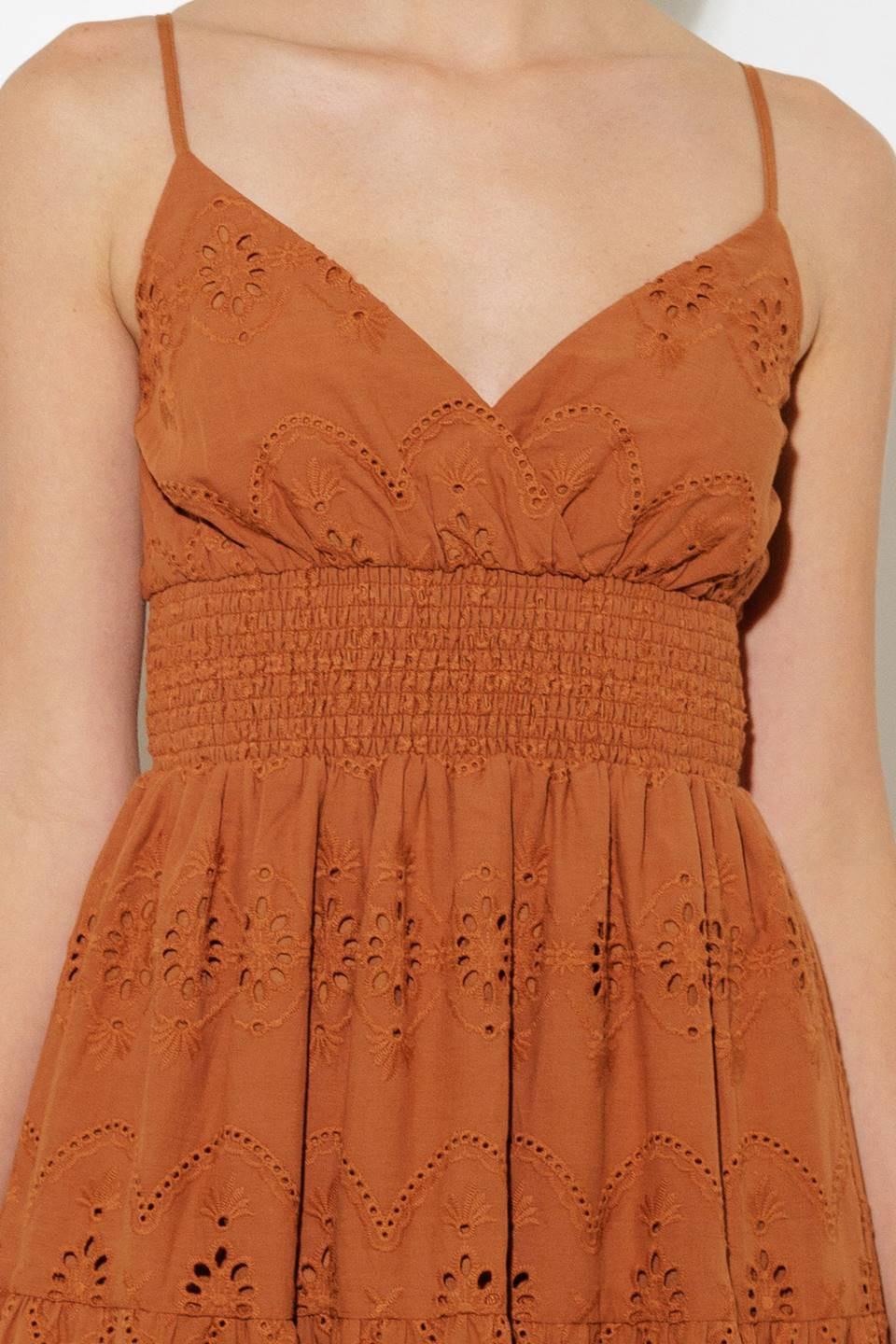 Luminous Bliss Woven Eyelet Midi Dress in brown, fabric swatch — Soul Flow Apparel