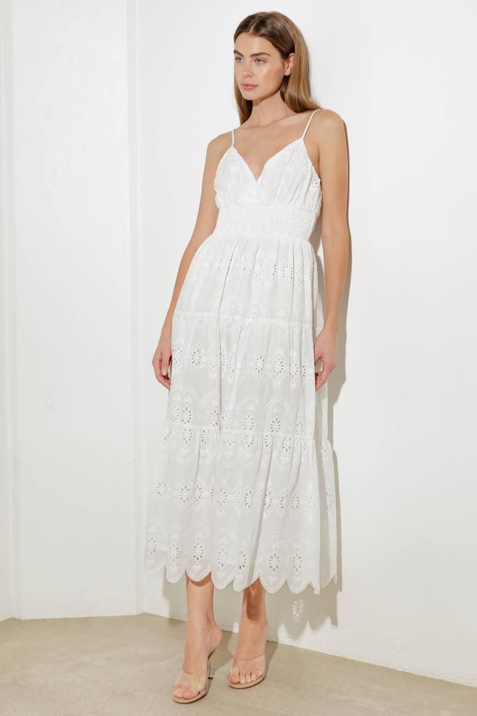 Luminous Bliss Woven Eyelet Midi Dress in off-white, view 1 — Soul Flow Apparel