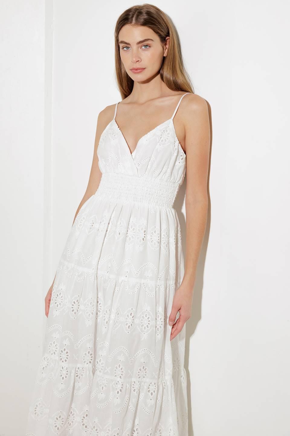 Luminous Bliss Woven Eyelet Midi Dress in off-white, view 2 — Soul Flow Apparel