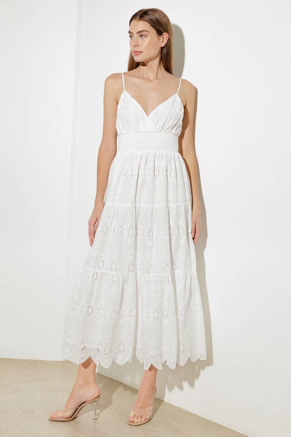 Luminous Bliss Woven Eyelet Midi Dress in off-white, view 3 — Soul Flow Apparel