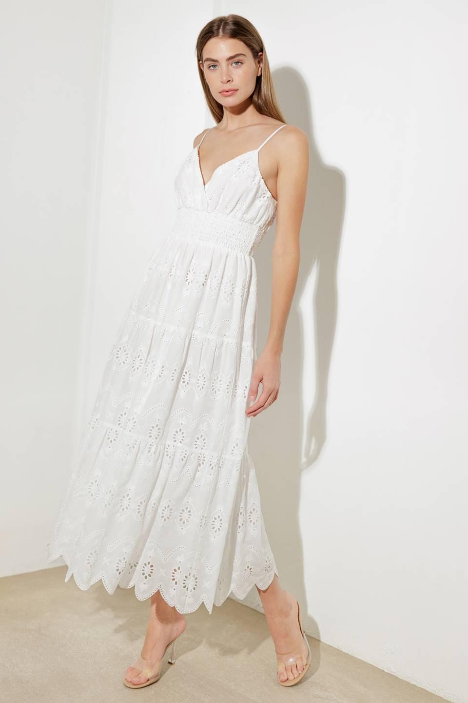 Luminous Bliss Woven Eyelet Midi Dress in off-white, view 4 — Soul Flow Apparel