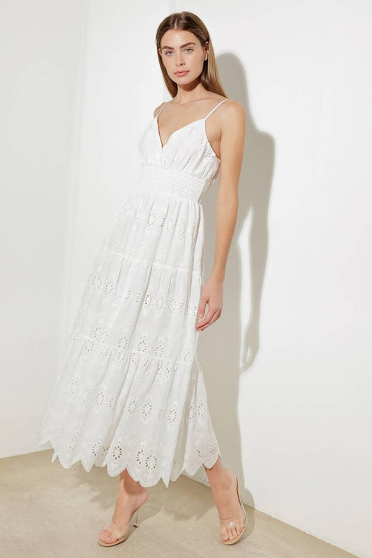 Luminous Bliss Woven Eyelet Midi Dress in off-white, view 4 — Soul Flow Apparel