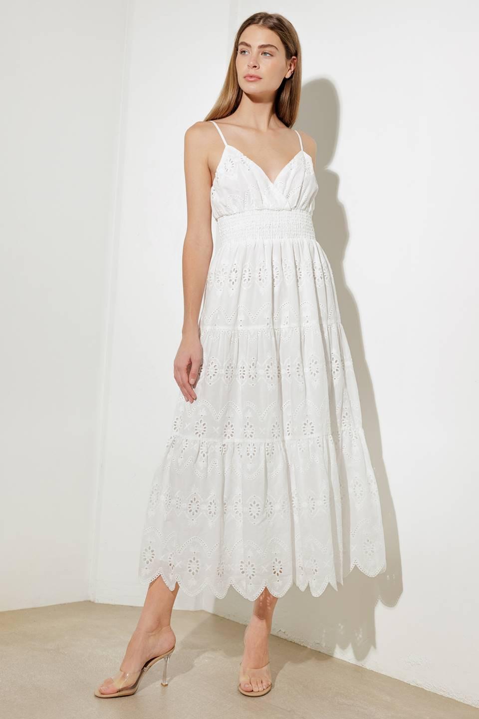 Luminous Bliss Woven Eyelet Midi Dress in off-white, view 5 — Soul Flow Apparel