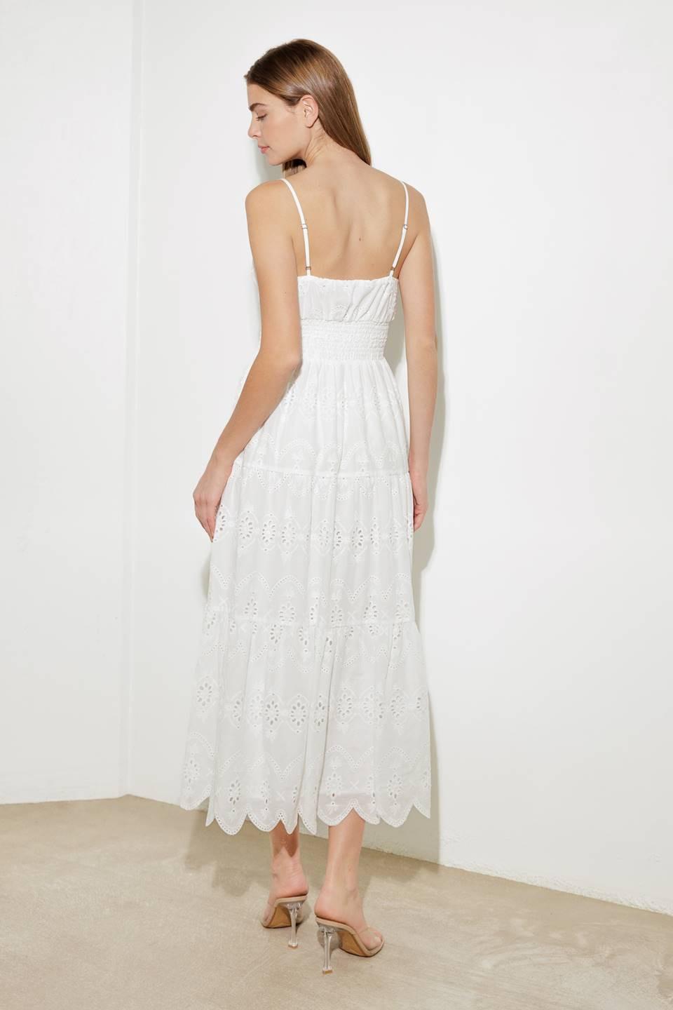 Luminous Bliss Woven Eyelet Midi Dress in off-white, view 6 — Soul Flow Apparel