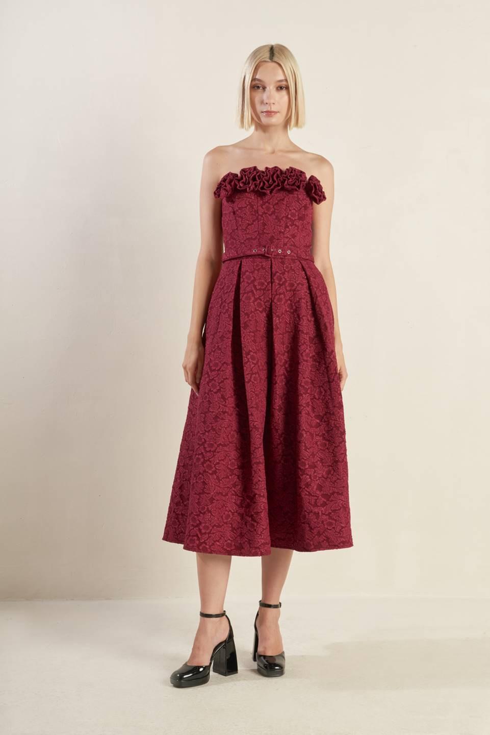 Glorious Shine Woven Midi Dress in burgundy, view 1 — Soul Flow Apparel