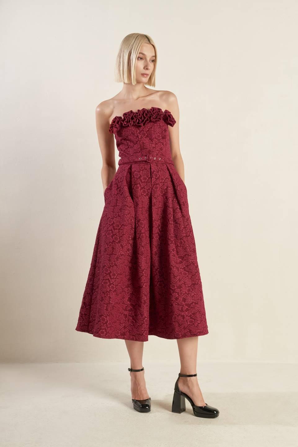 Glorious Shine Woven Midi Dress in burgundy, view 2 — Soul Flow Apparel