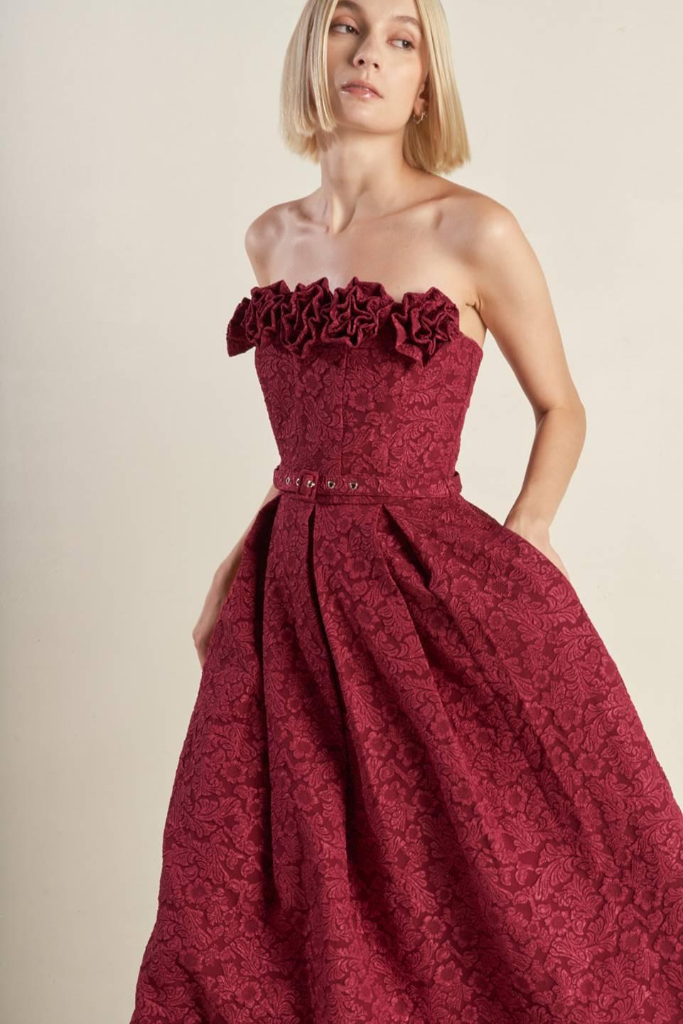 Glorious Shine Woven Midi Dress in burgundy, view 3 — Soul Flow Apparel