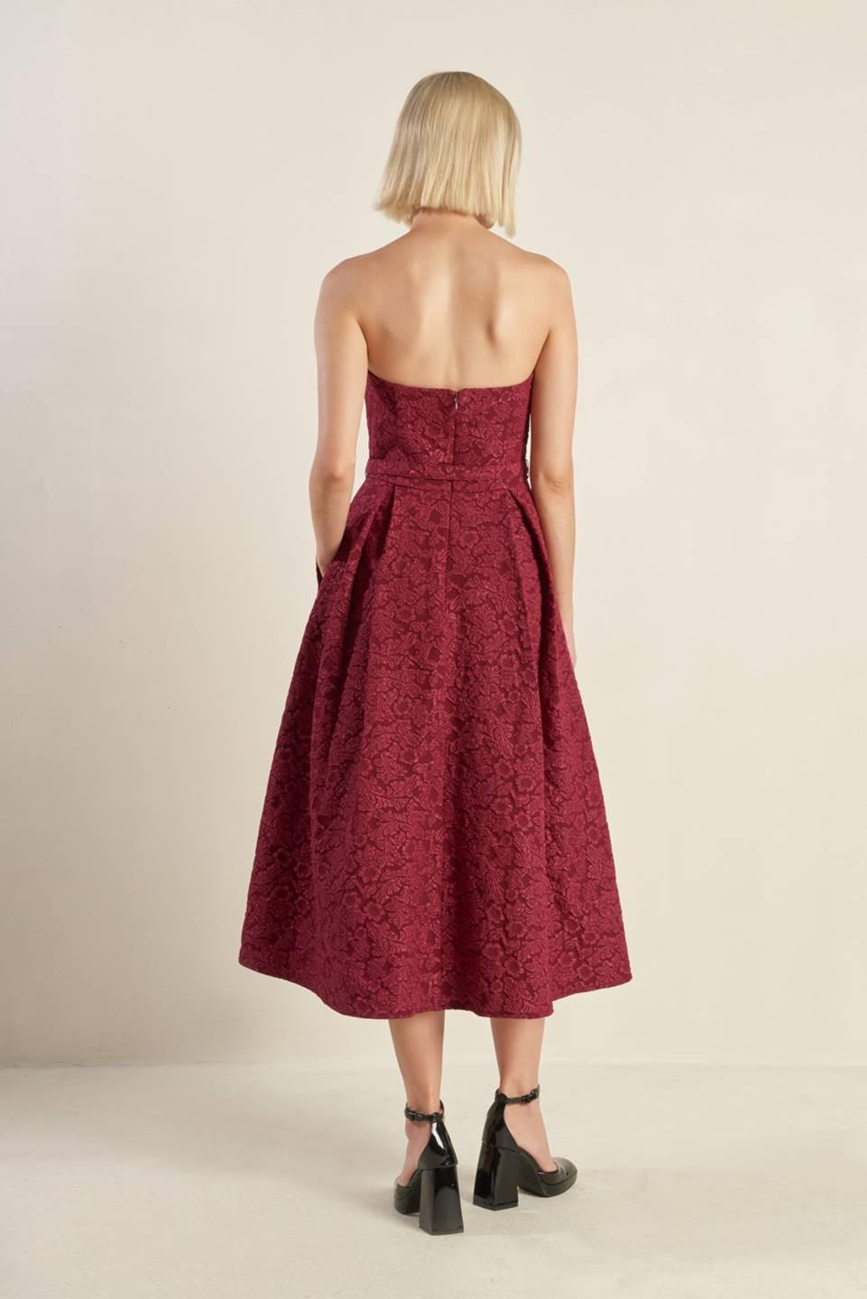 Glorious Shine Woven Midi Dress in burgundy, view 6 — Soul Flow Apparel