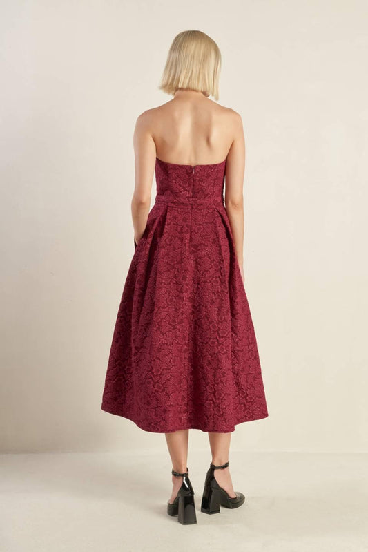 Glorious Shine Woven Midi Dress in burgundy, view 6 — Soul Flow Apparel