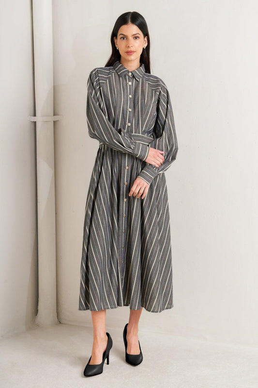 What I Feel Woven Midi Dress in charcoal, view 1 — Soul Flow Apparel