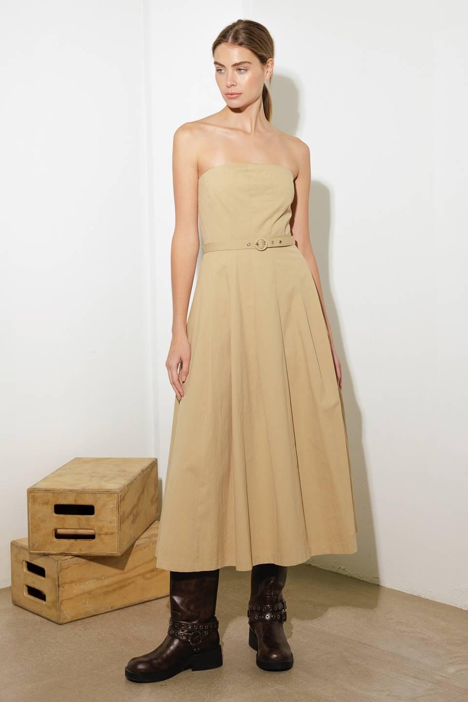 Taking Compliments Woven Midi Dress in taupe, view 1 — Soul Flow Apparel