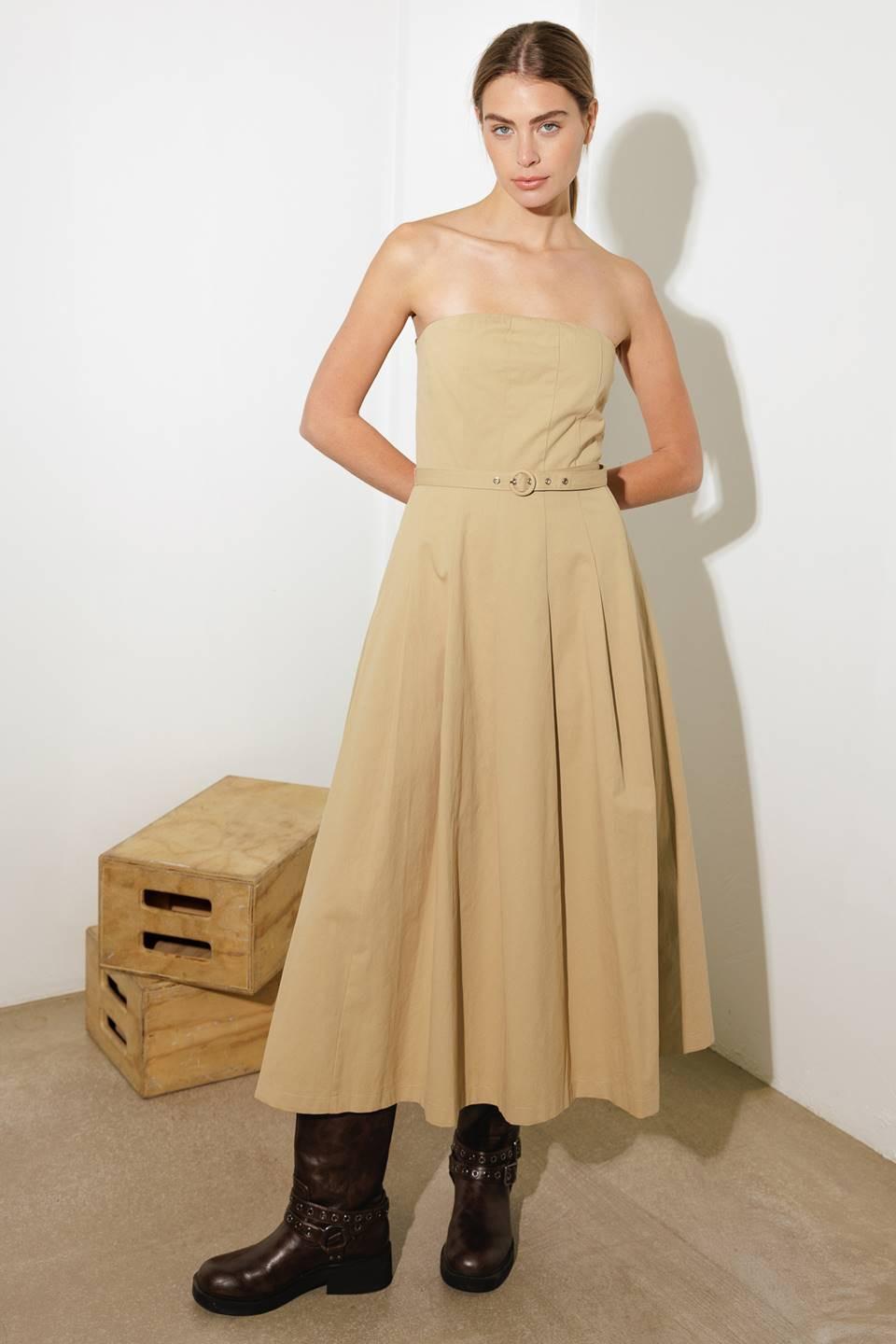 Taking Compliments Woven Midi Dress in taupe, view 2 — Soul Flow Apparel