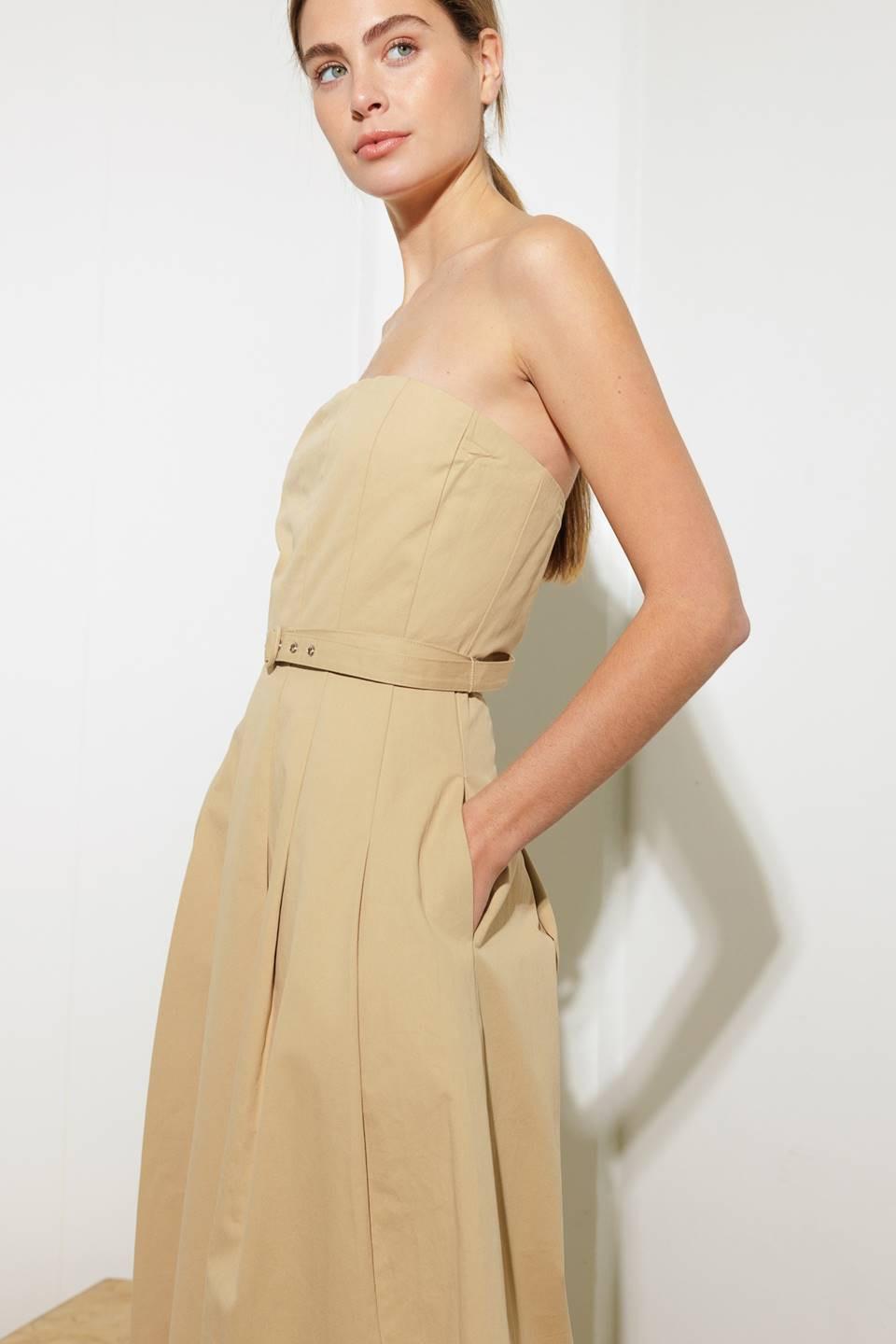 Taking Compliments Woven Midi Dress in taupe, view 5 — Soul Flow Apparel