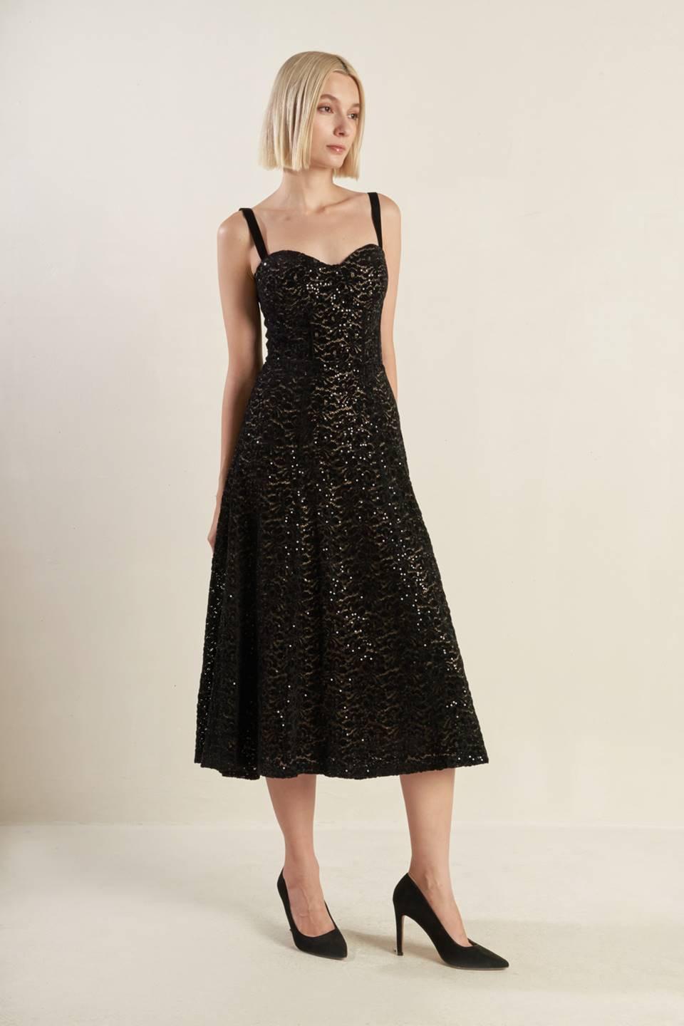 Staple Moment Woven Lace Midi Dress in black, view 1 — Soul Flow Apparel