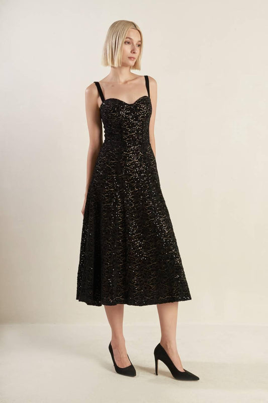 Staple Moment Woven Lace Midi Dress in black, view 1 — Soul Flow Apparel