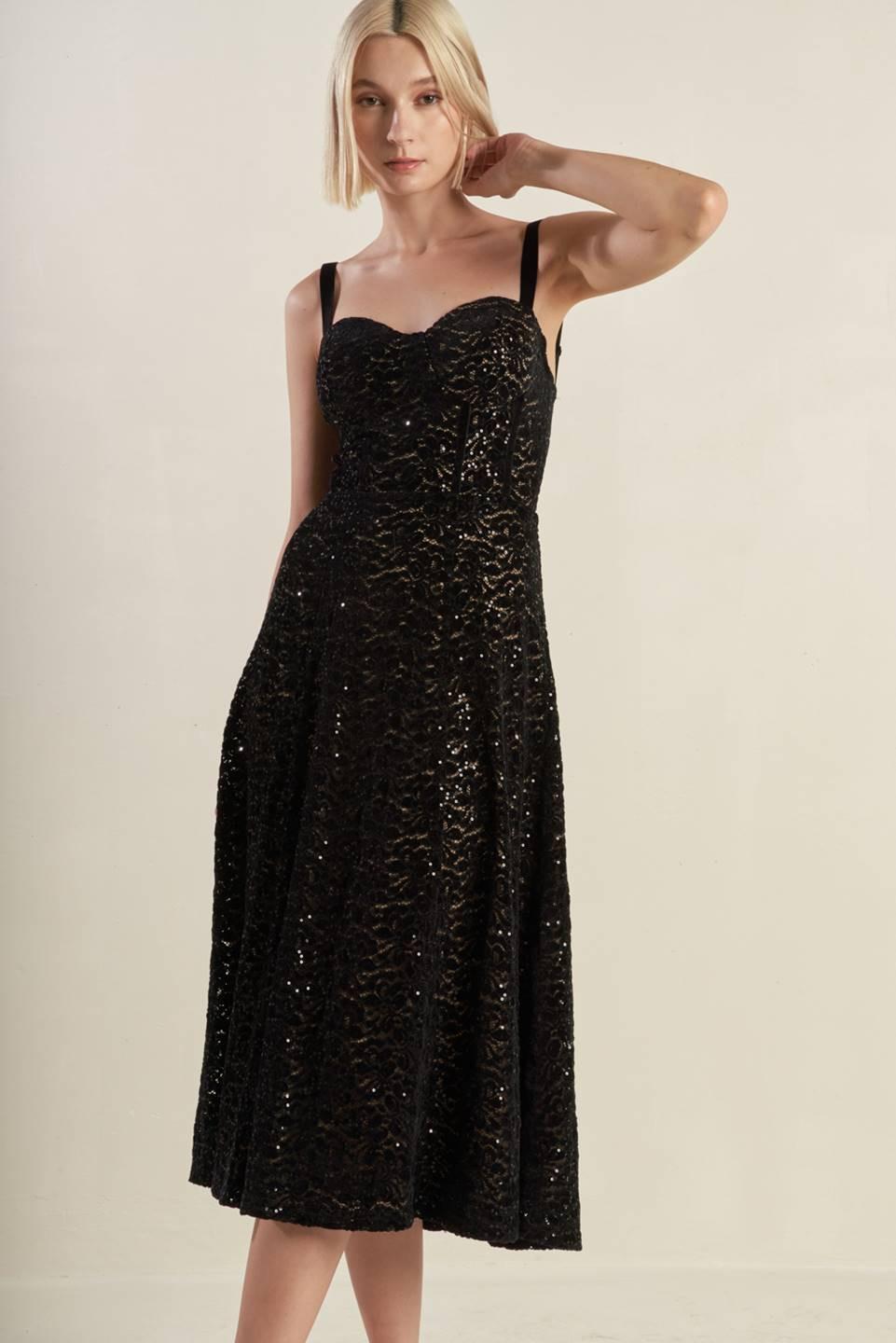 Staple Moment Woven Lace Midi Dress in black, view 4 — Soul Flow Apparel