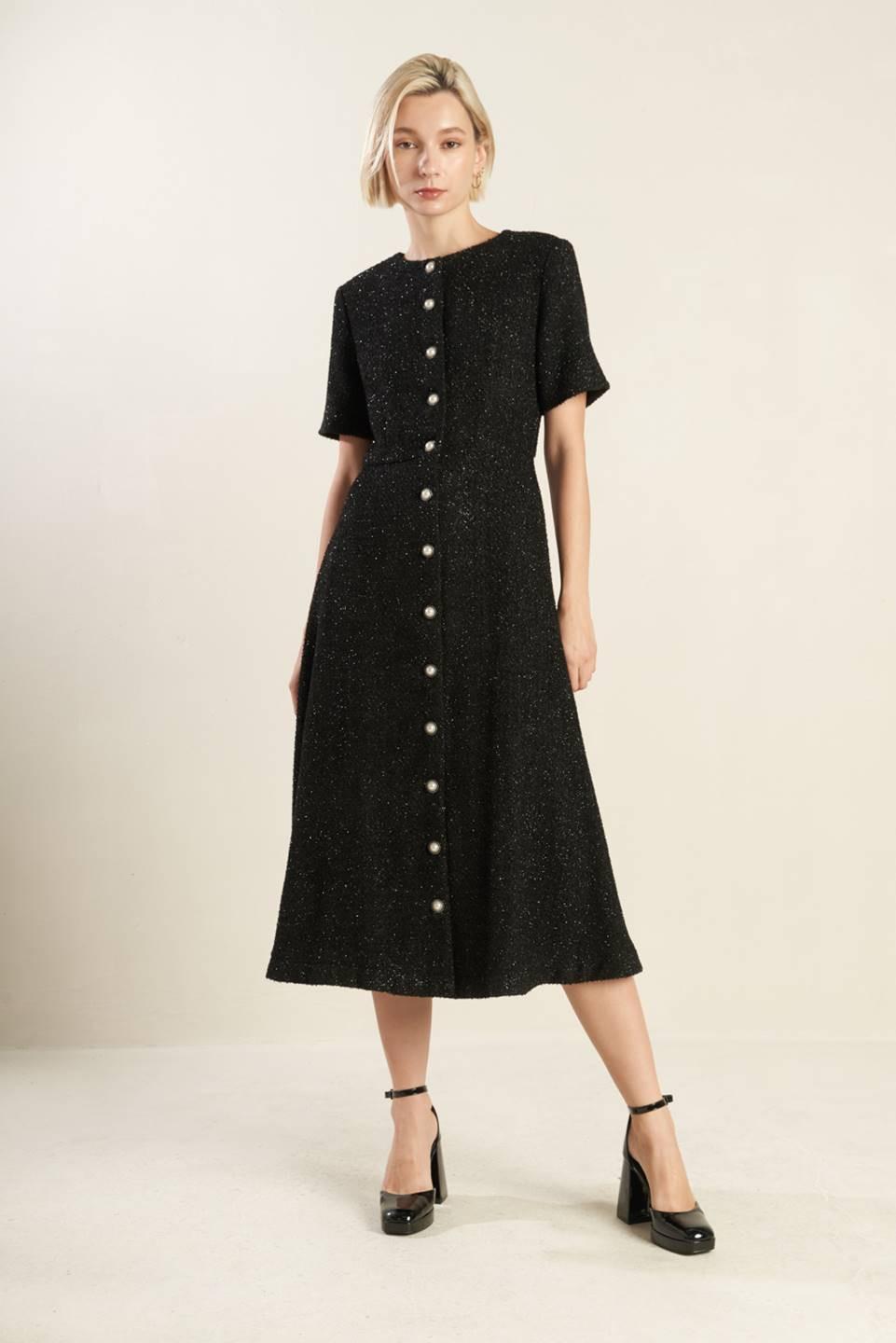 Something More Tweed Woven Midi Dress in black, view 1 — Soul Flow Apparel