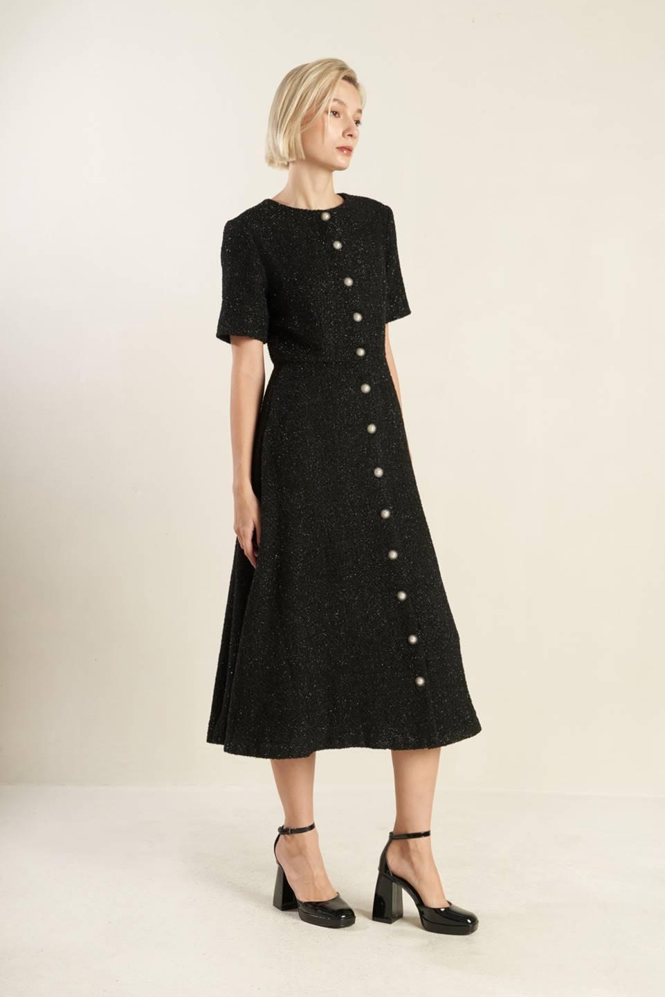 Something More Tweed Woven Midi Dress in black, view 2 — Soul Flow Apparel