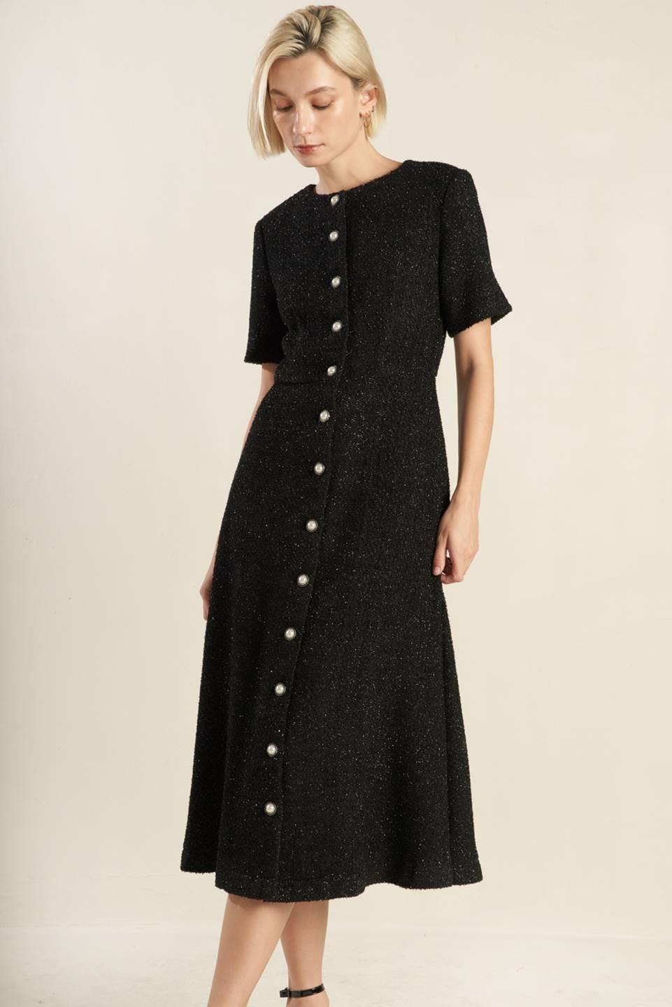 Something More Tweed Woven Midi Dress in black, view 4 — Soul Flow Apparel