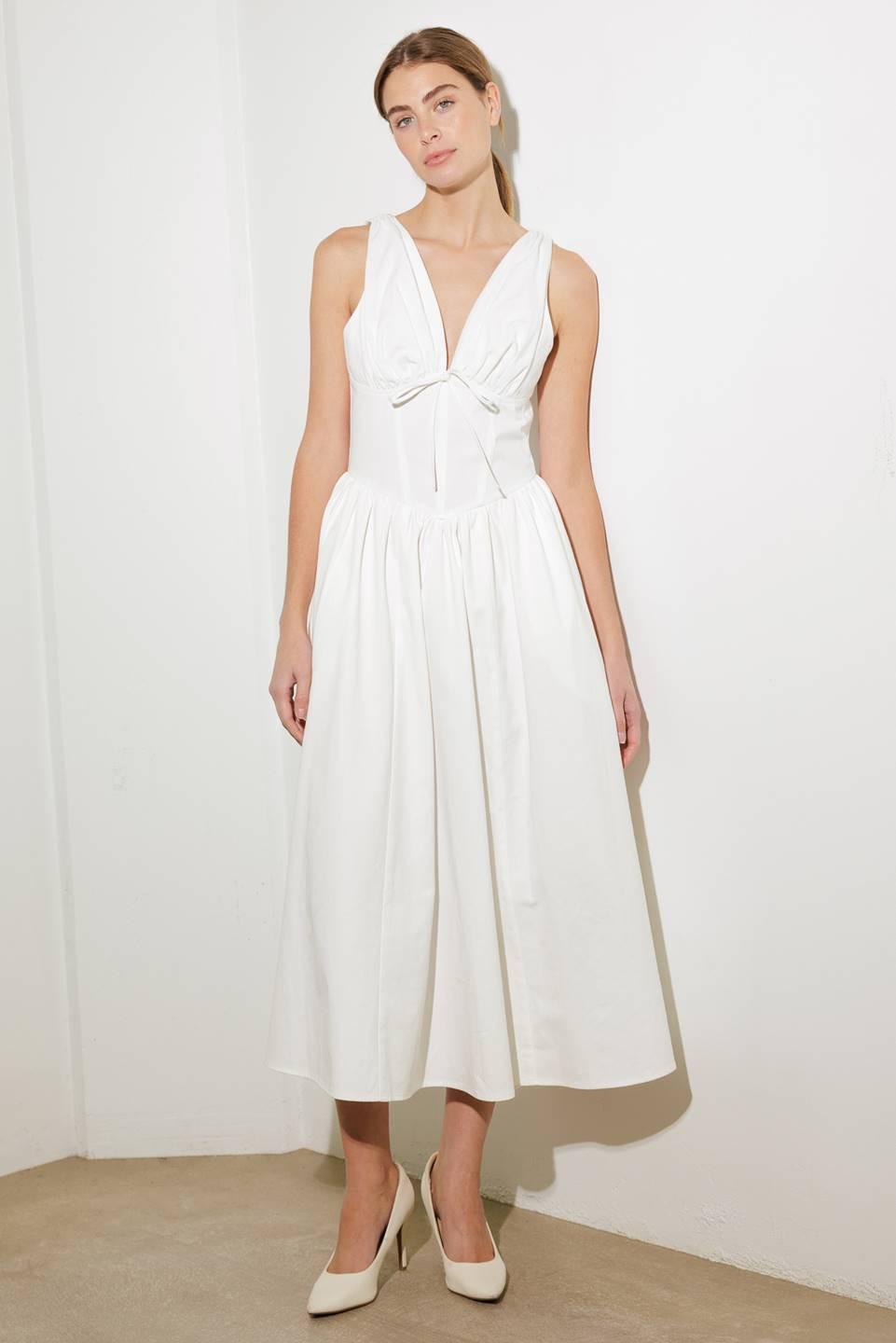 Fanciful Escapes Woven Midi Dress in white, view 2 — Soul Flow Apparel
