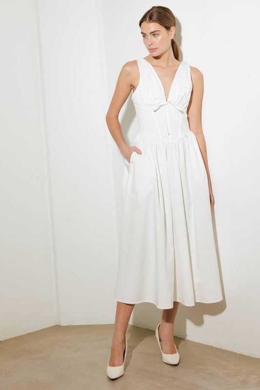 Fanciful Escapes Woven Midi Dress in white, view 3 — Soul Flow Apparel