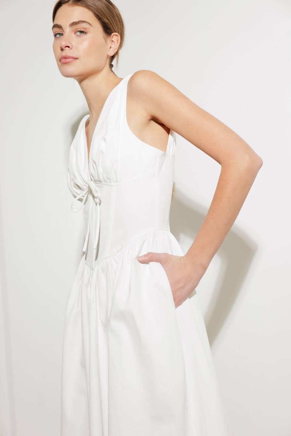 Fanciful Escapes Woven Midi Dress in white, view 5 — Soul Flow Apparel