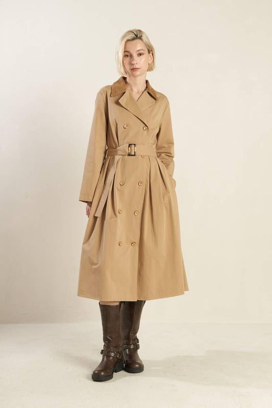 Falling Leaves Woven Midi Trench Coat in camel, view 2 — Soul Flow Apparel