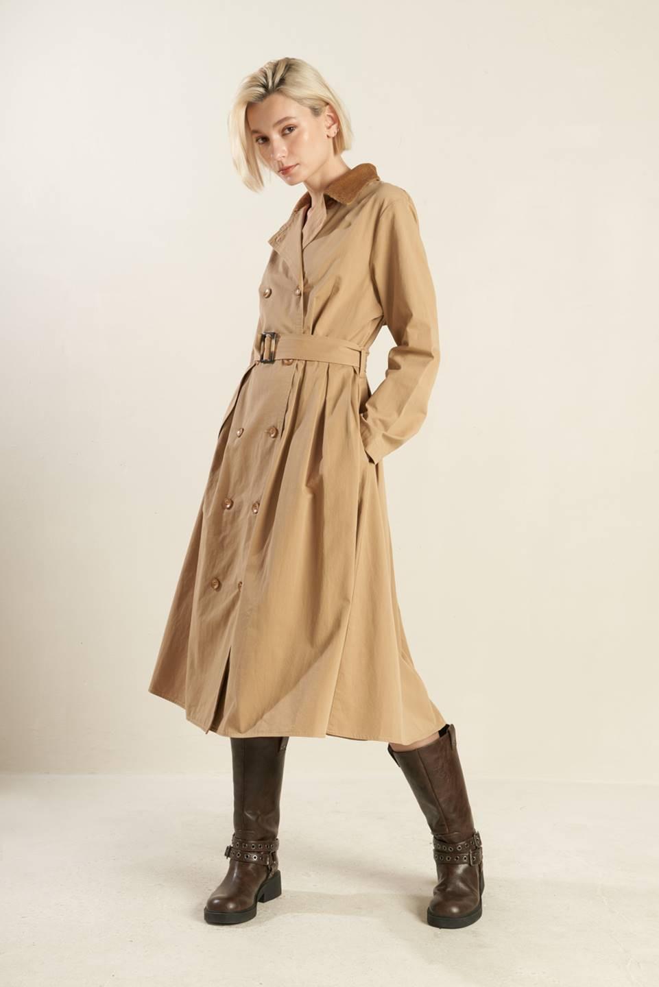 Falling Leaves Woven Midi Trench Coat in camel, view 3 — Soul Flow Apparel