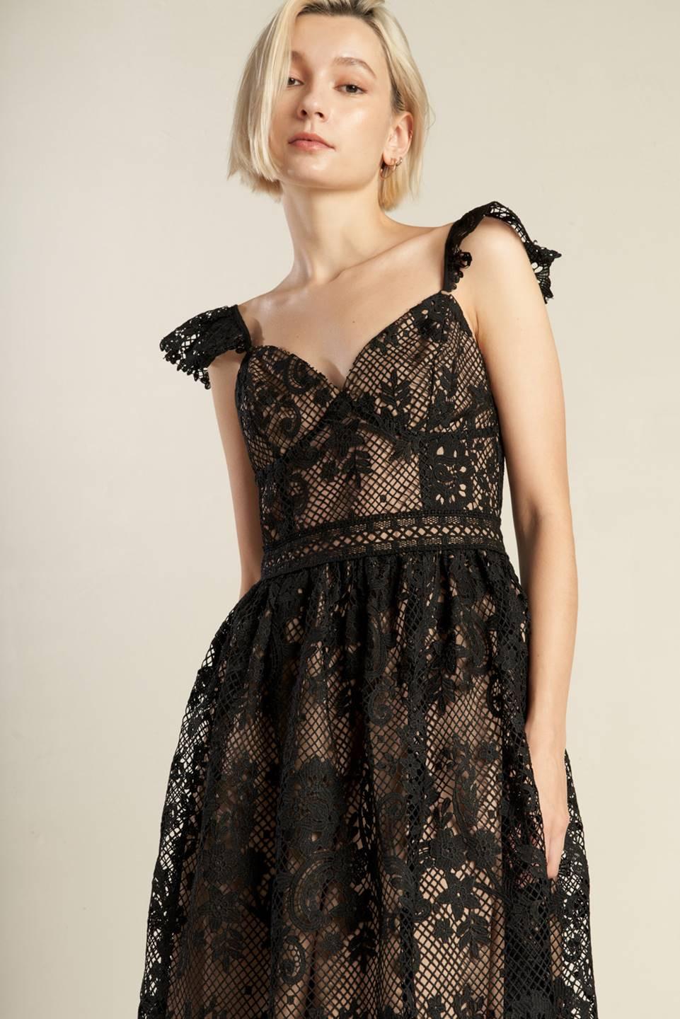 Know You Better Lace Woven Midi Dress in black, view 2 — Soul Flow Apparel