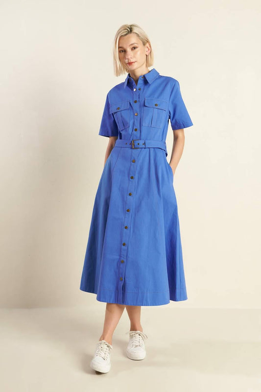 Soul on Fire Woven Midi Dress in blue, view 1 — Soul Flow Apparel