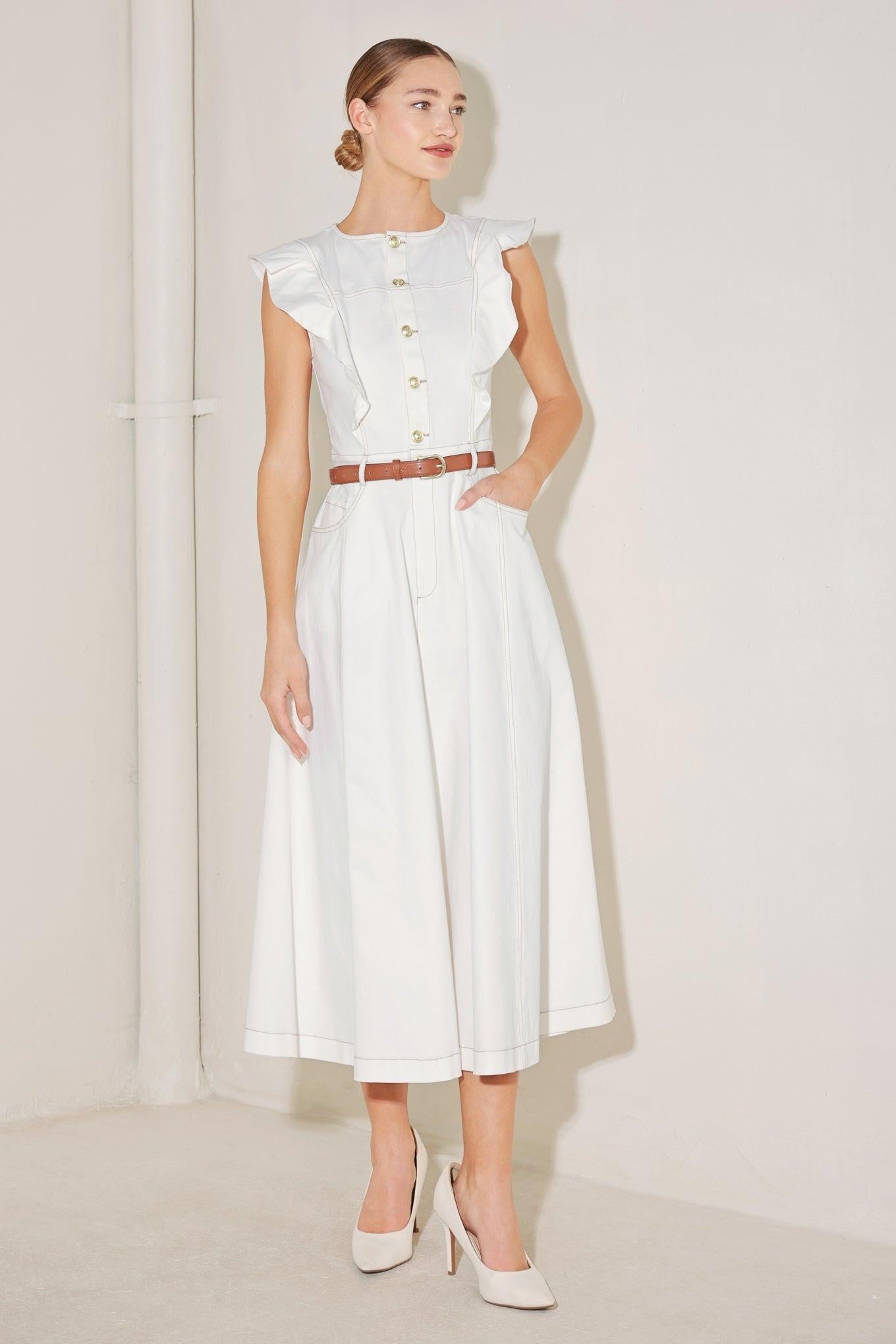 Soft Power Story Woven Midi Dress in white, view 1 — Soul Flow Apparel