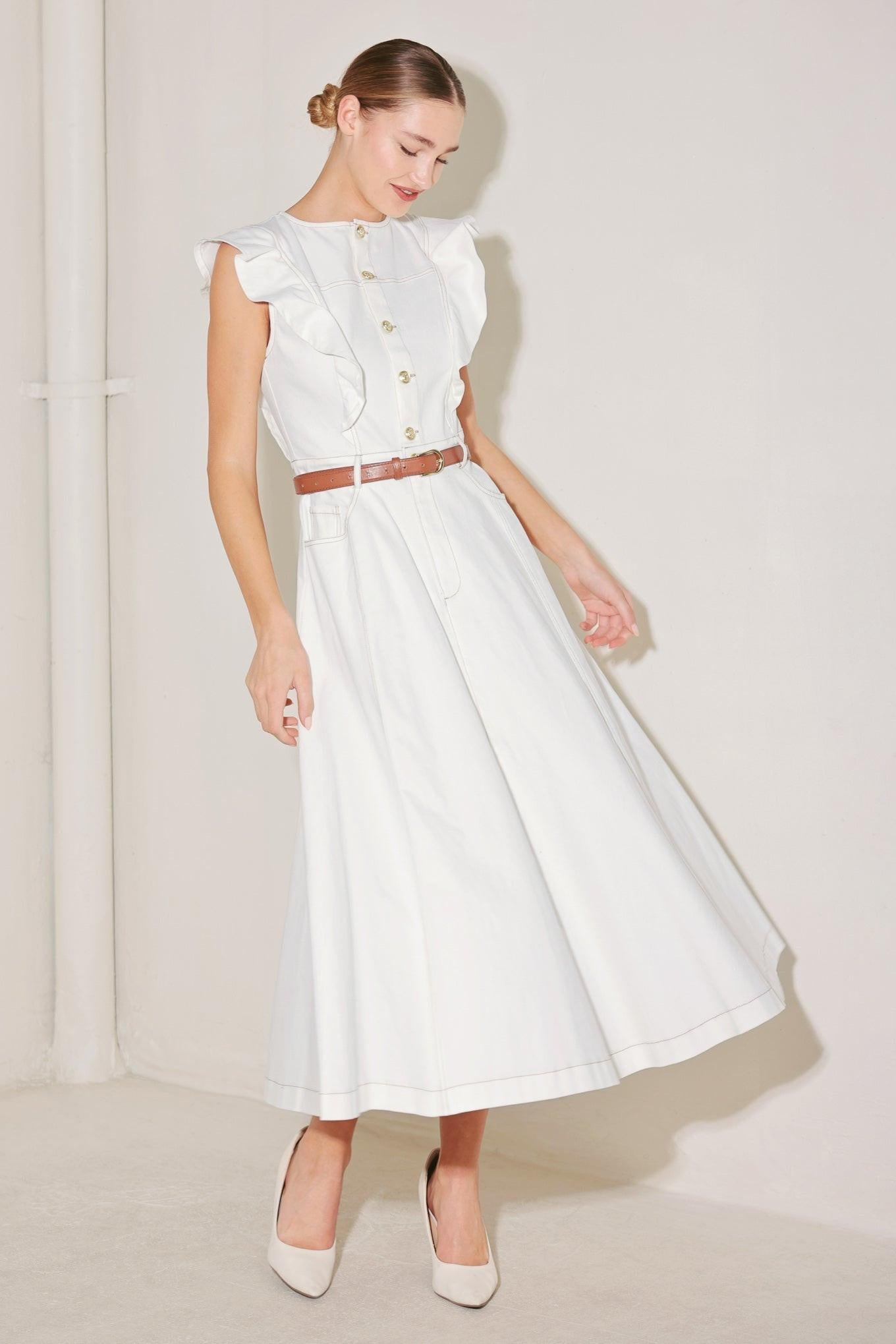 Soft Power Story Woven Midi Dress in white, view 2 — Soul Flow Apparel