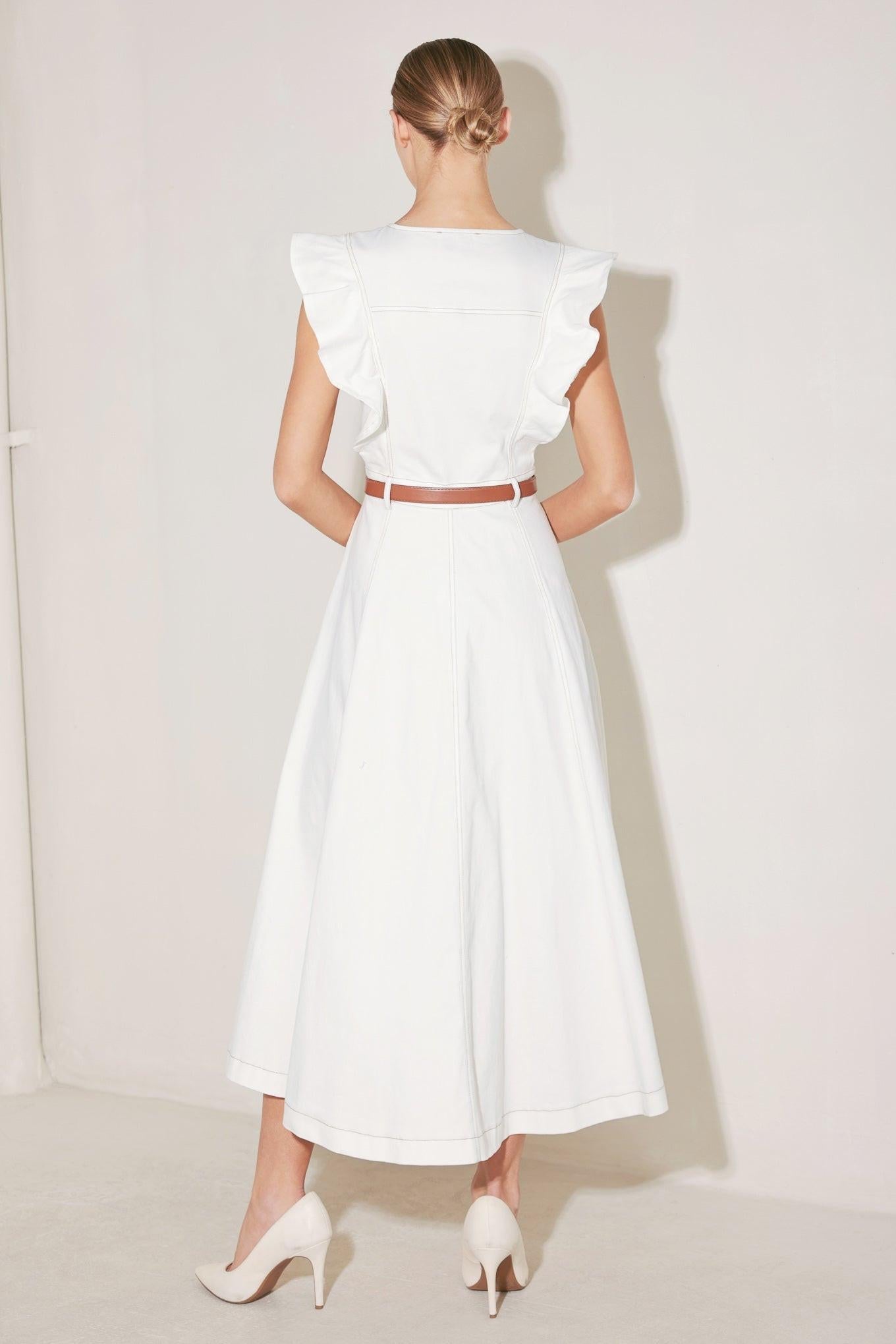 Soft Power Story Woven Midi Dress in white, view 3 — Soul Flow Apparel