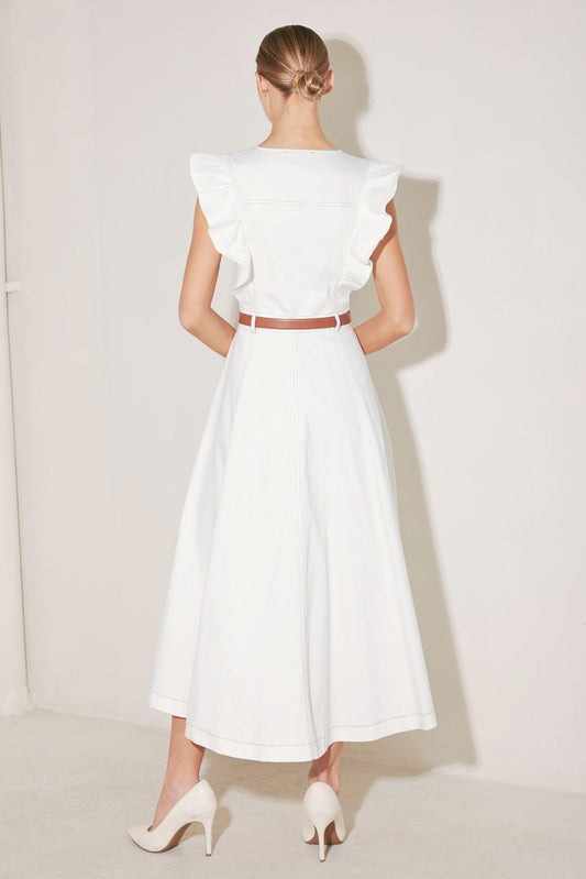 Soft Power Story Woven Midi Dress in white, view 3 — Soul Flow Apparel
