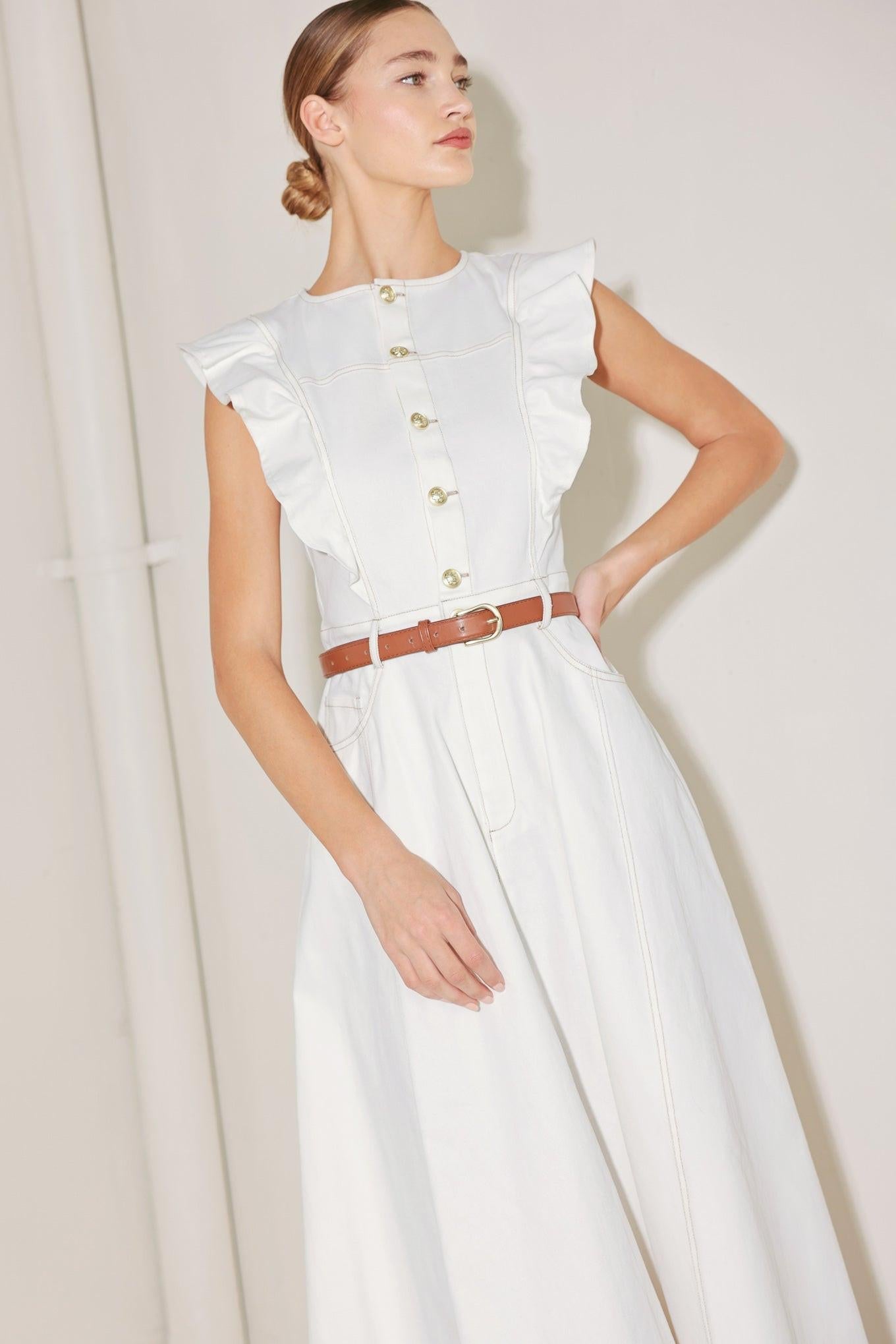 Soft Power Story Woven Midi Dress in white, view 5 — Soul Flow Apparel